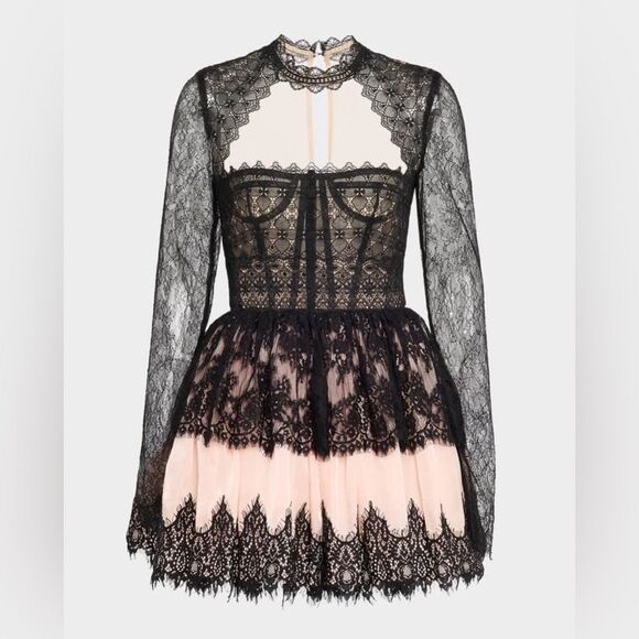 NWOT BRONX AND BANCO Daphne Illusion Corset Lace Mini Dress w Long Sleeve - Picture 6 of 16